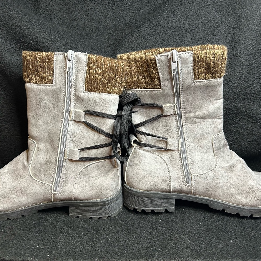 Gray and Brown Ankle Boots with Knitted Cuff